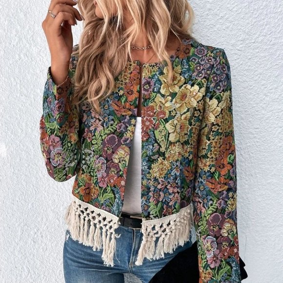 Green Preppy Womens Floral Print Open Front Fringe Hem Jacket - Picture 3 of 5